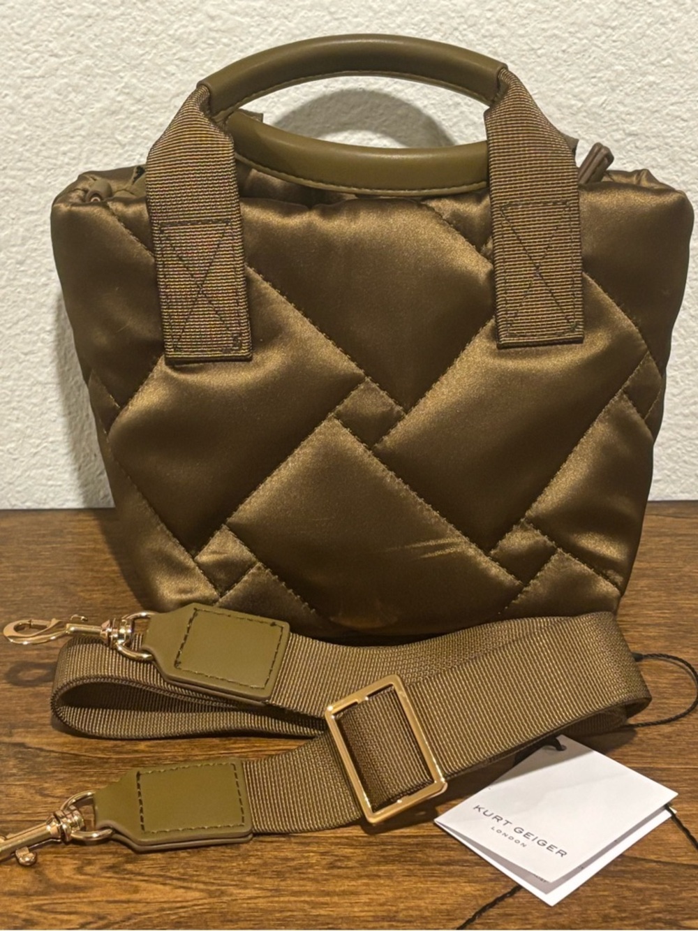 Kurt Geiger Olive Quilted Satin XS Tote with Adjustable Strap NWOT - Picture 5 of 6